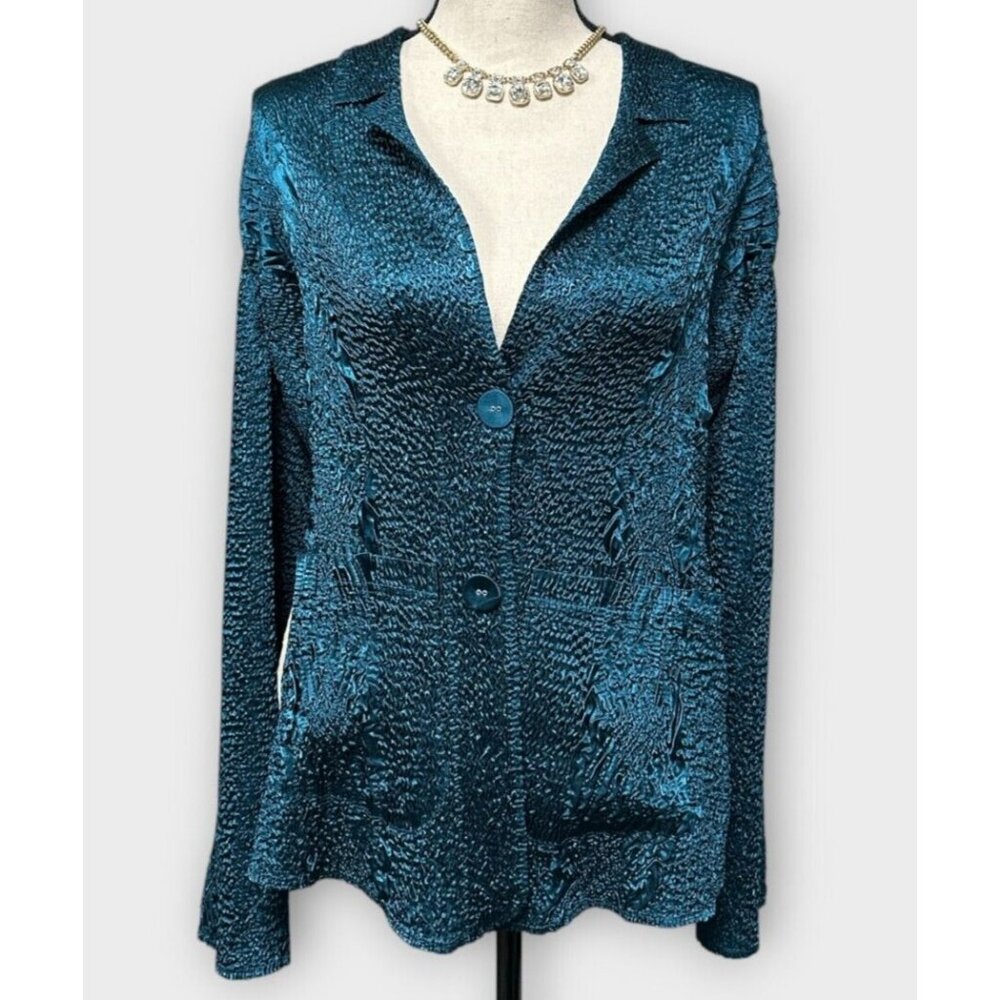 NEW Chicos Travelers Womens Sz 4/6 Teal‎ Crushed Short Blazer Jacket Seersucker